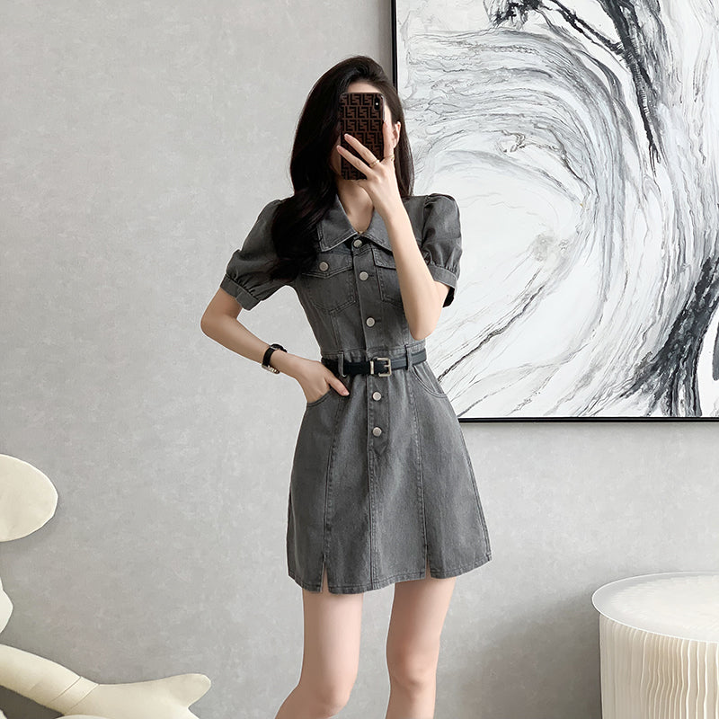 Charcoal Wash Denim Belted Mini Shirt Dress