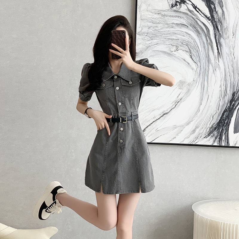 Charcoal Wash Denim Belted Mini Shirt Dress