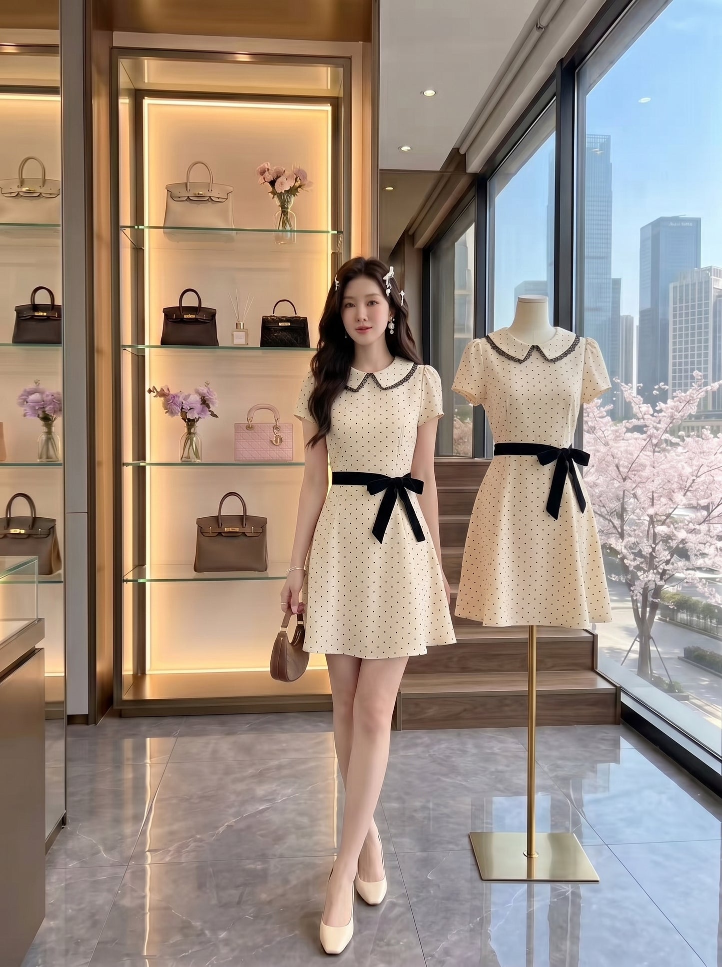 Charlotte Velvet Bow Polka Dot Dress -(Short & long)