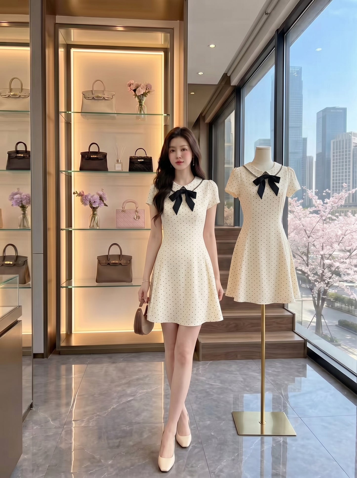 Charlotte Velvet Bow Polka Dot Dress -(Short & long)