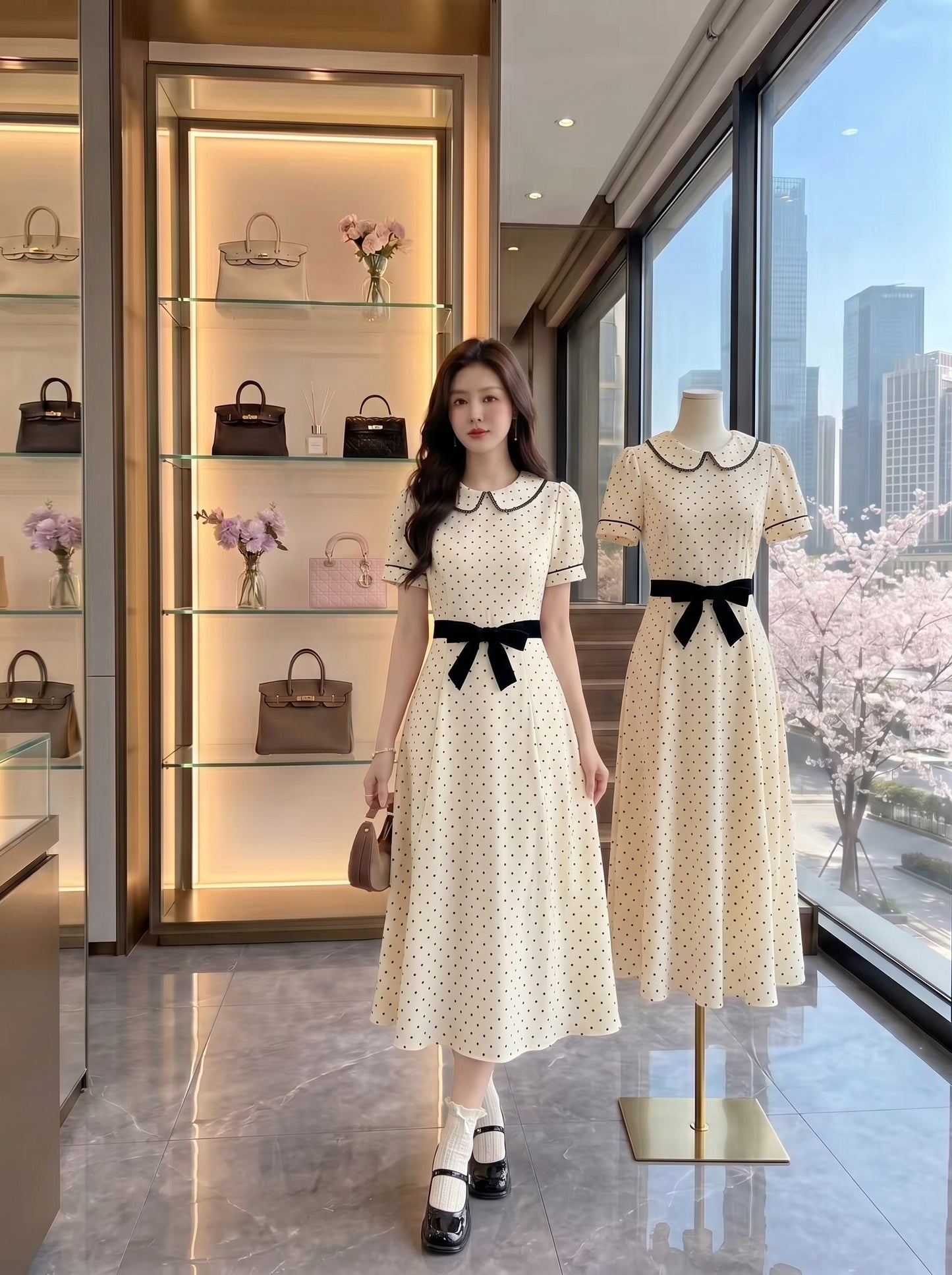 Charlotte Velvet Bow Polka Dot Dress -(Short & long)