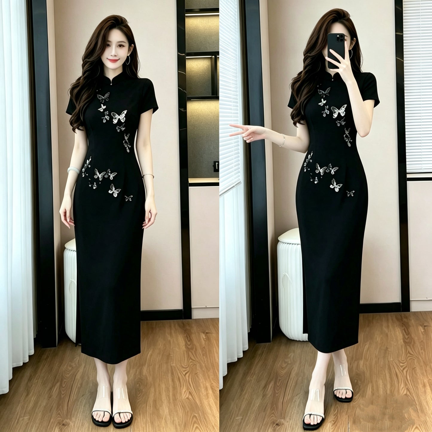 Plus Size Cheongsam Dress with Butterfly Sequin Embroidery