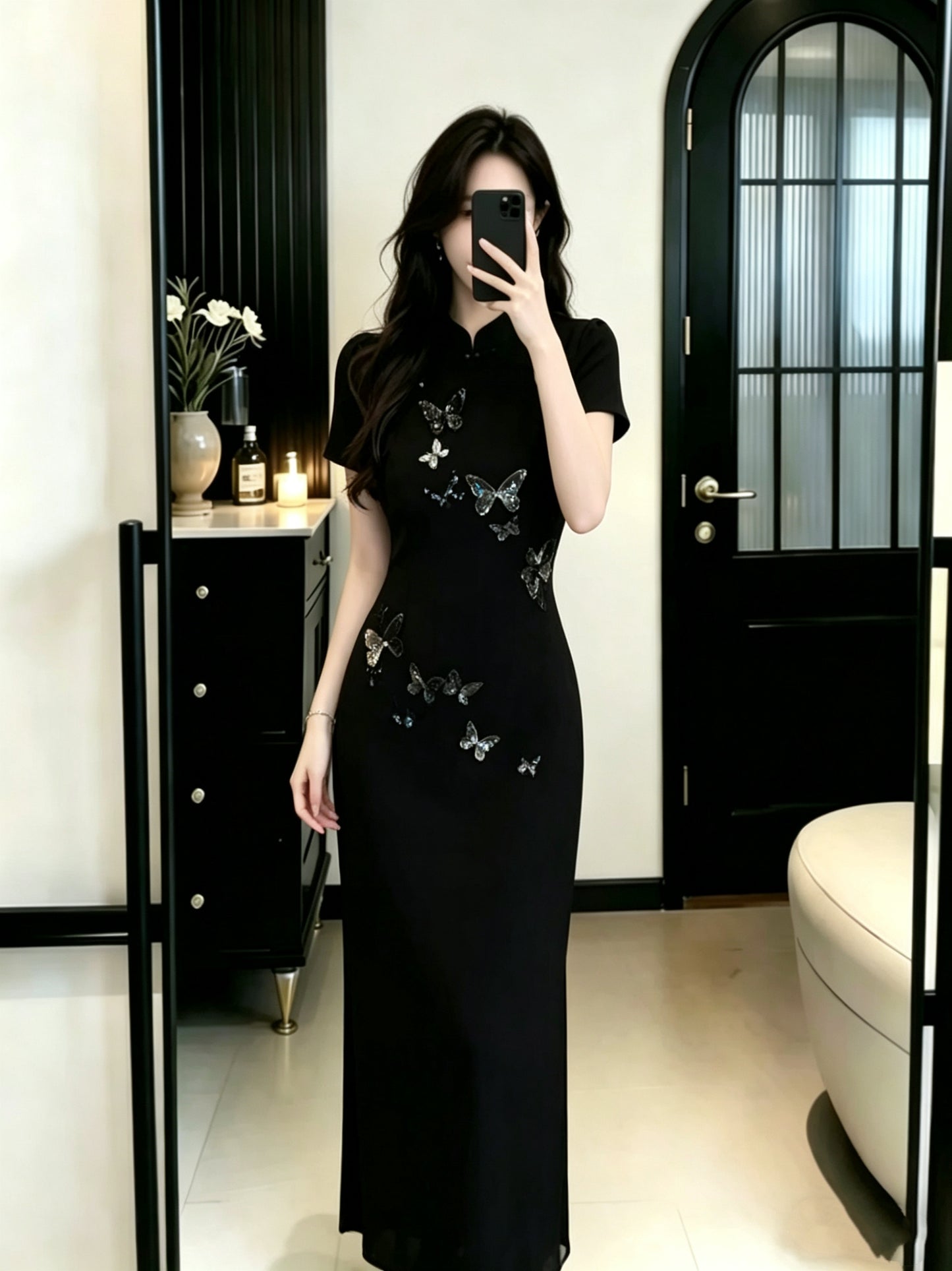 Plus Size Cheongsam Dress with Butterfly Sequin Embroidery