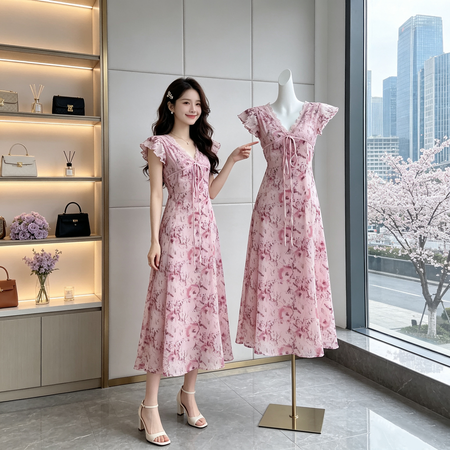 Cherry Blossom Dream Lace-Trim Midi Dress