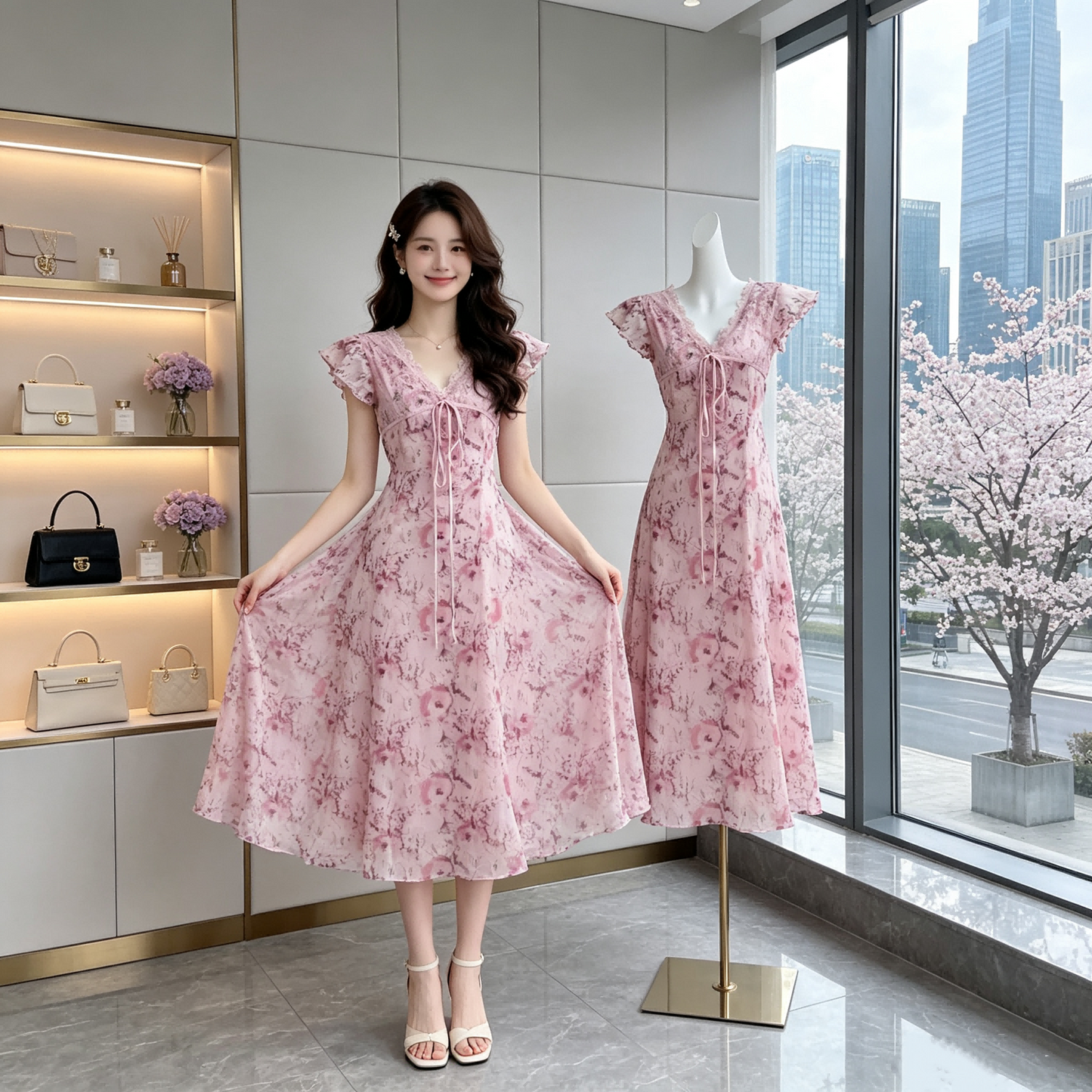Cherry Blossom Dream Lace-Trim Midi Dress