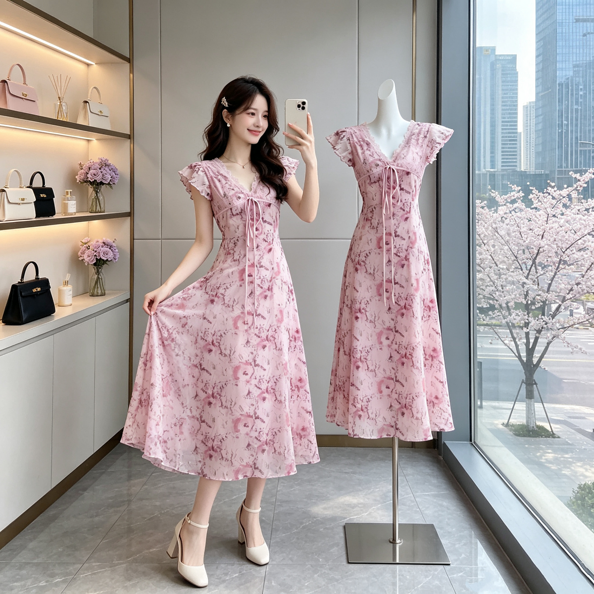 Cherry Blossom Dream Lace-Trim Midi Dress