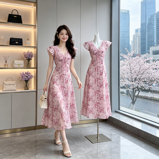 Cherry Blossom Dream Lace-Trim Midi Dress