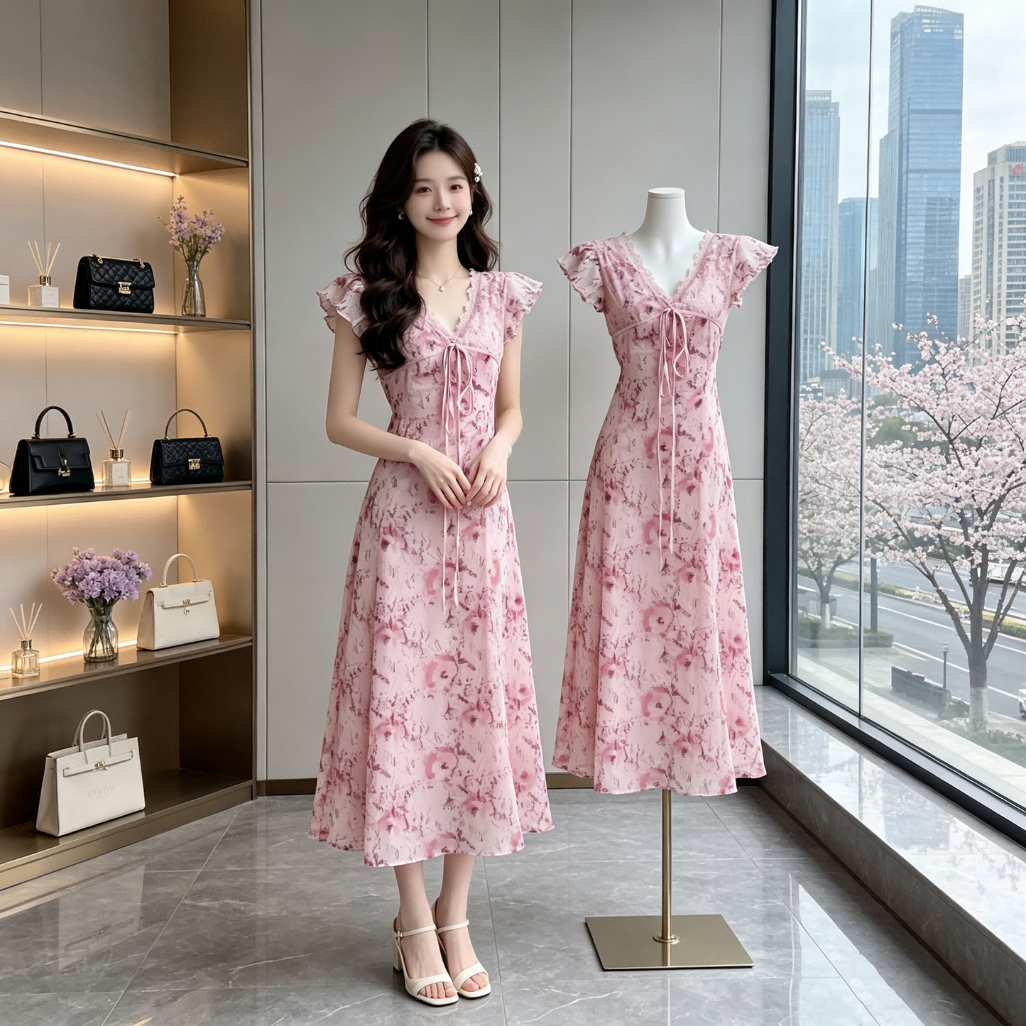 Cherry Blossom Dream Lace-Trim Midi Dress