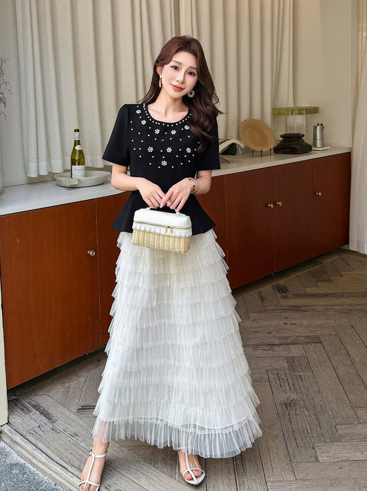 Chloe Pearl-Embellished Peplum Top & Ruffle Tulle Skirt Set
