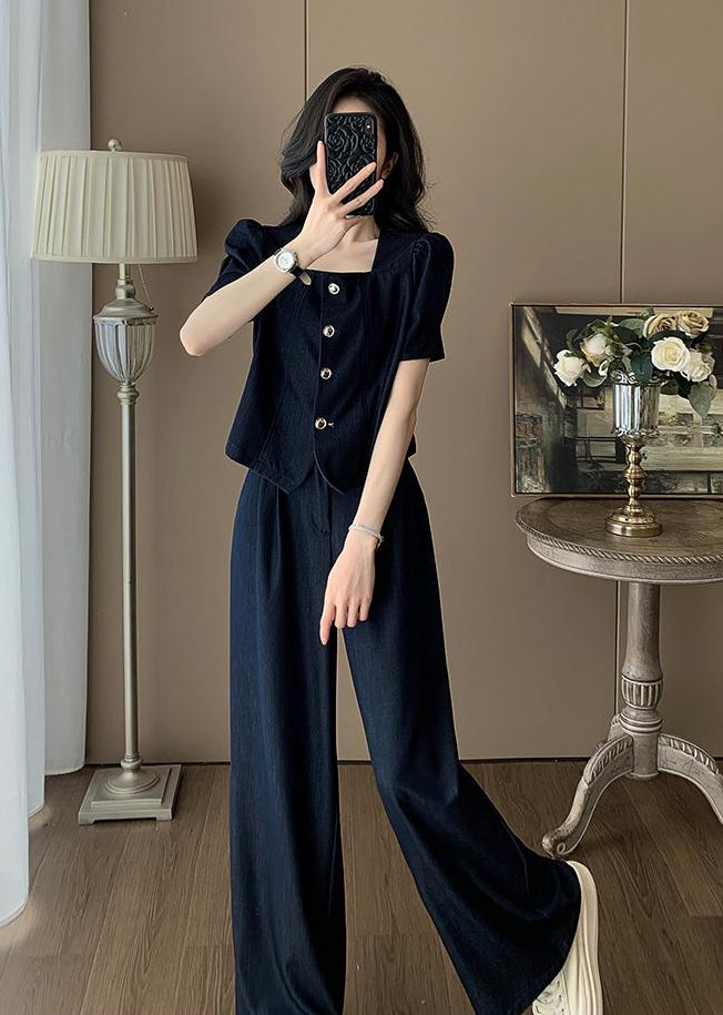 Clara Mock-Denim Two-Piece Set – Button-Up Short Sleeve Top & Wide-Leg Pants