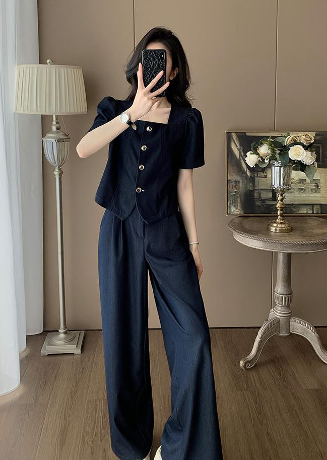 Clara Mock-Denim Two-Piece Set – Button-Up Short Sleeve Top & Wide-Leg Pants