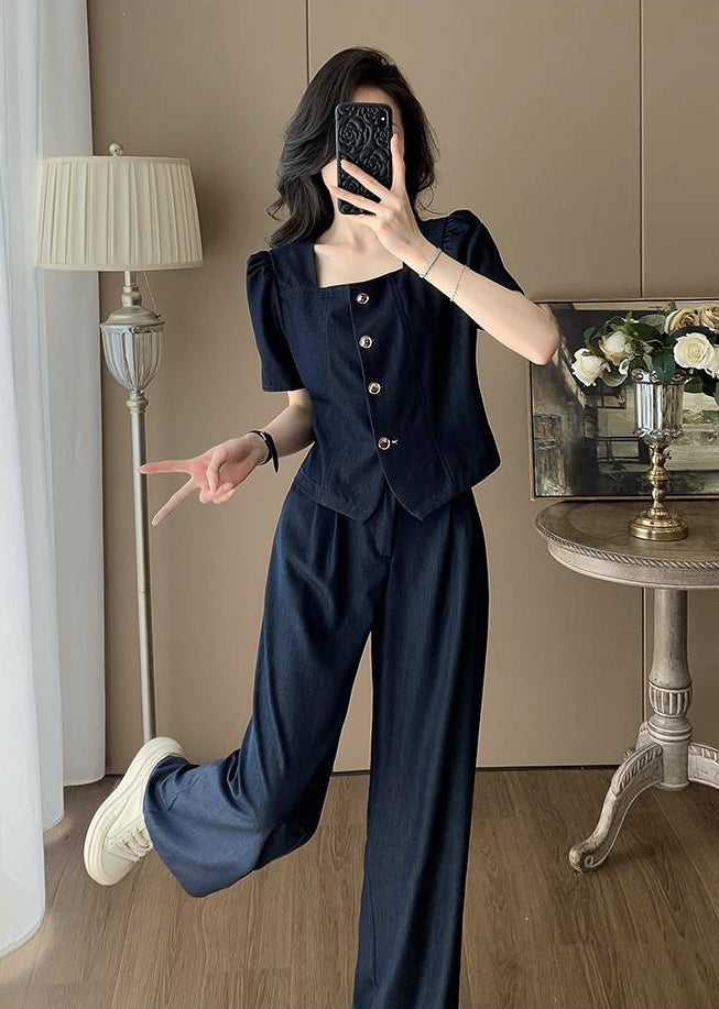 Clara Mock-Denim Two-Piece Set – Button-Up Short Sleeve Top & Wide-Leg Pants