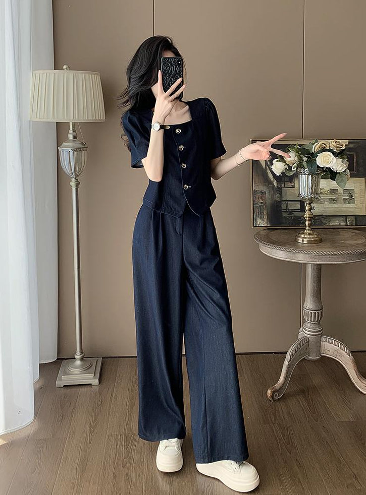 Clara Mock-Denim Two-Piece Set – Button-Up Short Sleeve Top & Wide-Leg Pants