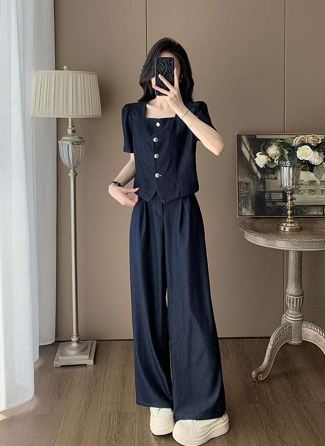 Clara Mock-Denim Two-Piece Set – Button-Up Short Sleeve Top & Wide-Leg Pants