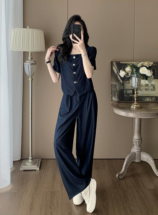 Clara Mock-Denim Two-Piece Set – Button-Up Short Sleeve Top & Wide-Leg Pants