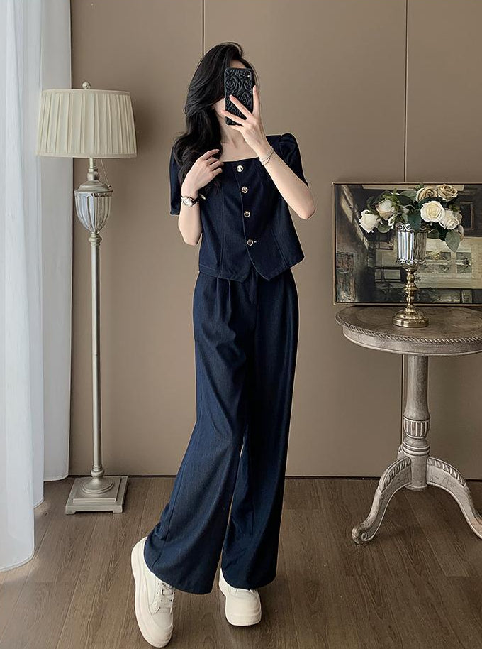 Clara Mock-Denim Two-Piece Set – Button-Up Short Sleeve Top & Wide-Leg Pants