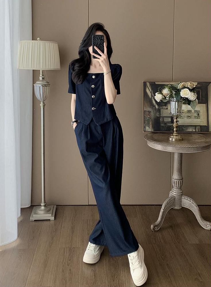 Clara Mock-Denim Two-Piece Set – Button-Up Short Sleeve Top & Wide-Leg Pants