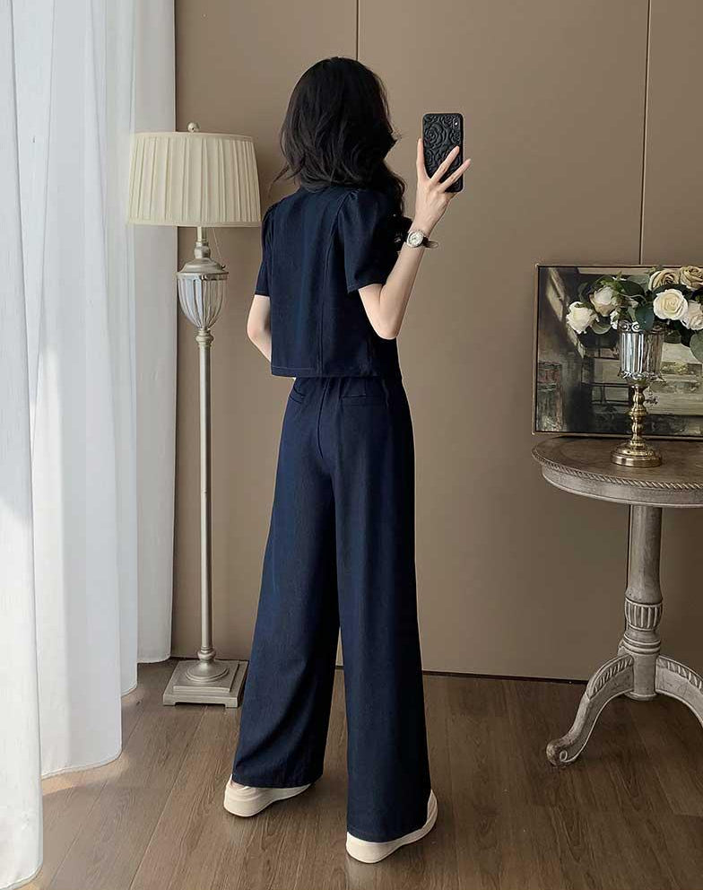 Clara Mock-Denim Two-Piece Set – Button-Up Short Sleeve Top & Wide-Leg Pants