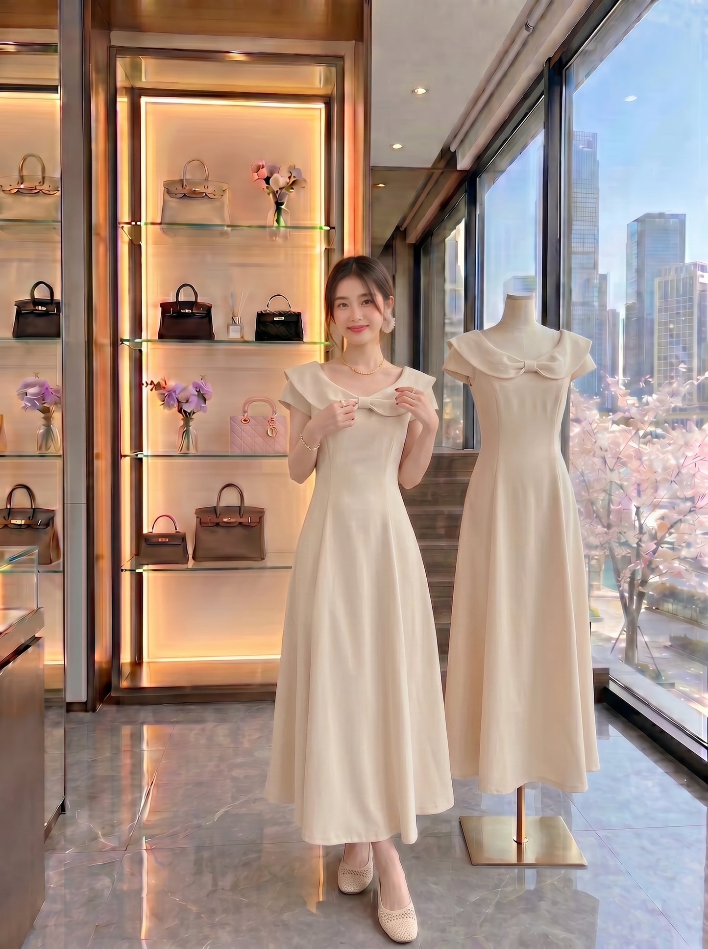 Clara Off-Shoulder Bow A-Line Dress