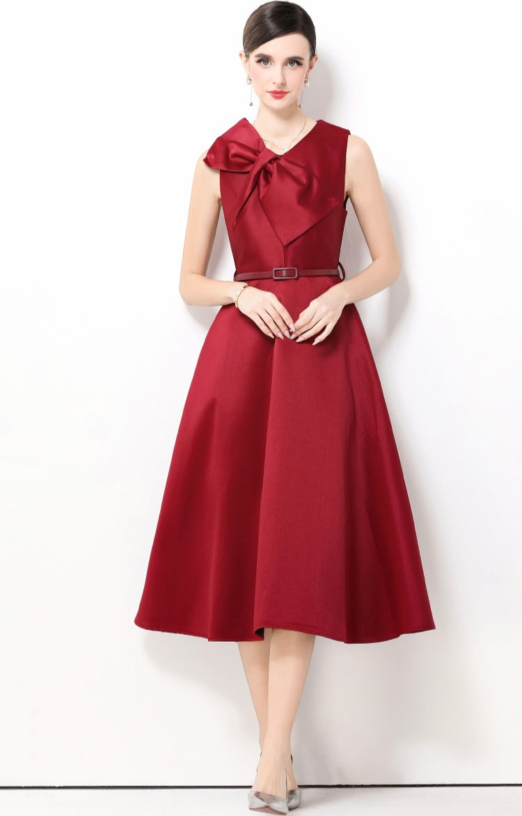 Claret Red Bow Sleeveless A-line Dress