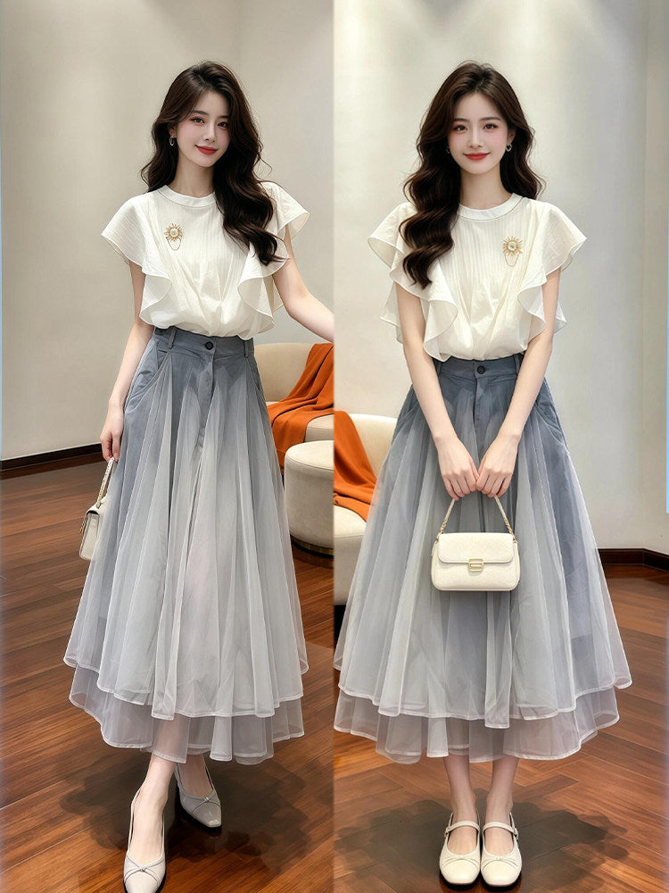 Clarissa Flutter Sleeve Top & Tulle Layered Skirt Two-Piece Set