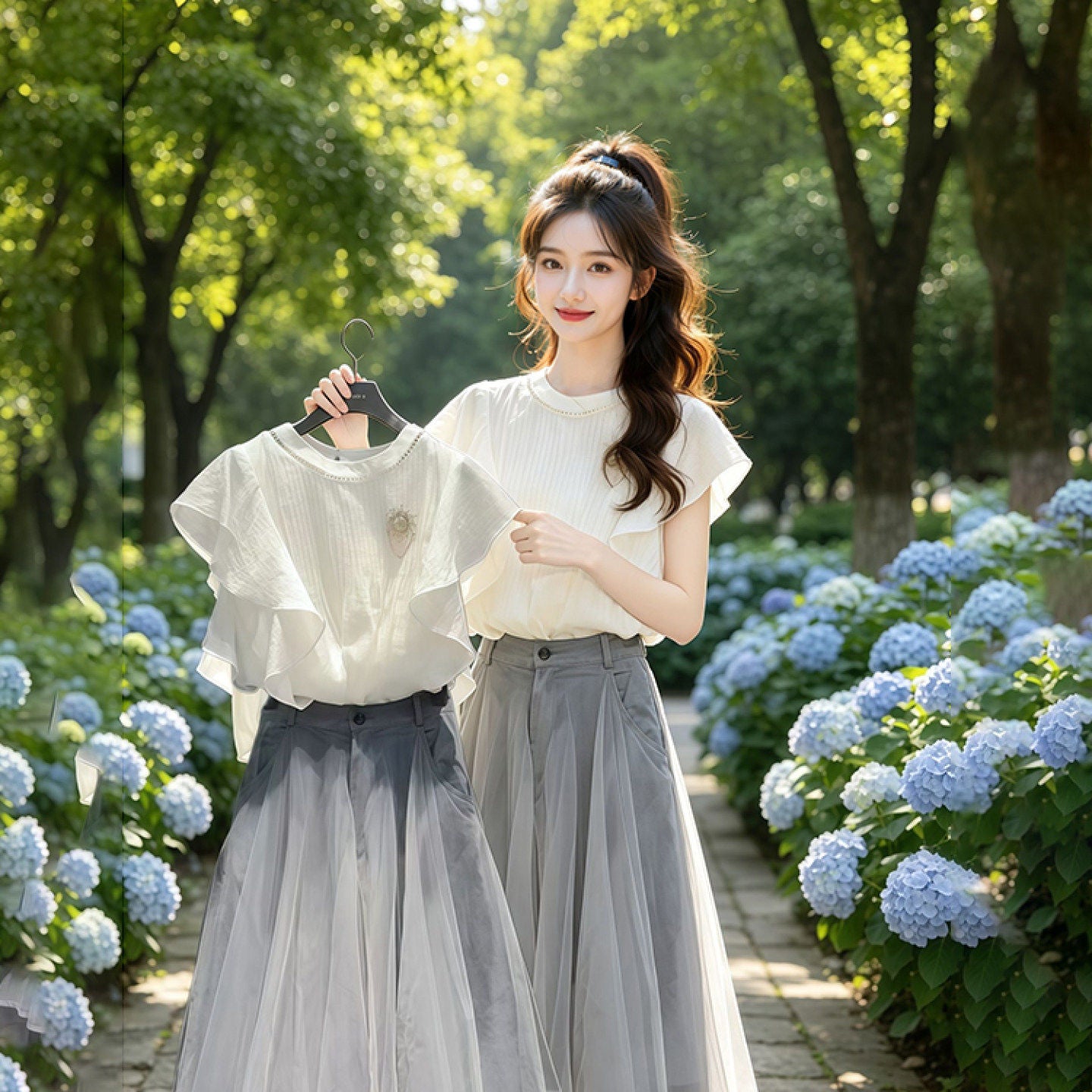Clarissa Flutter Sleeve Top & Tulle Layered Skirt Two-Piece Set