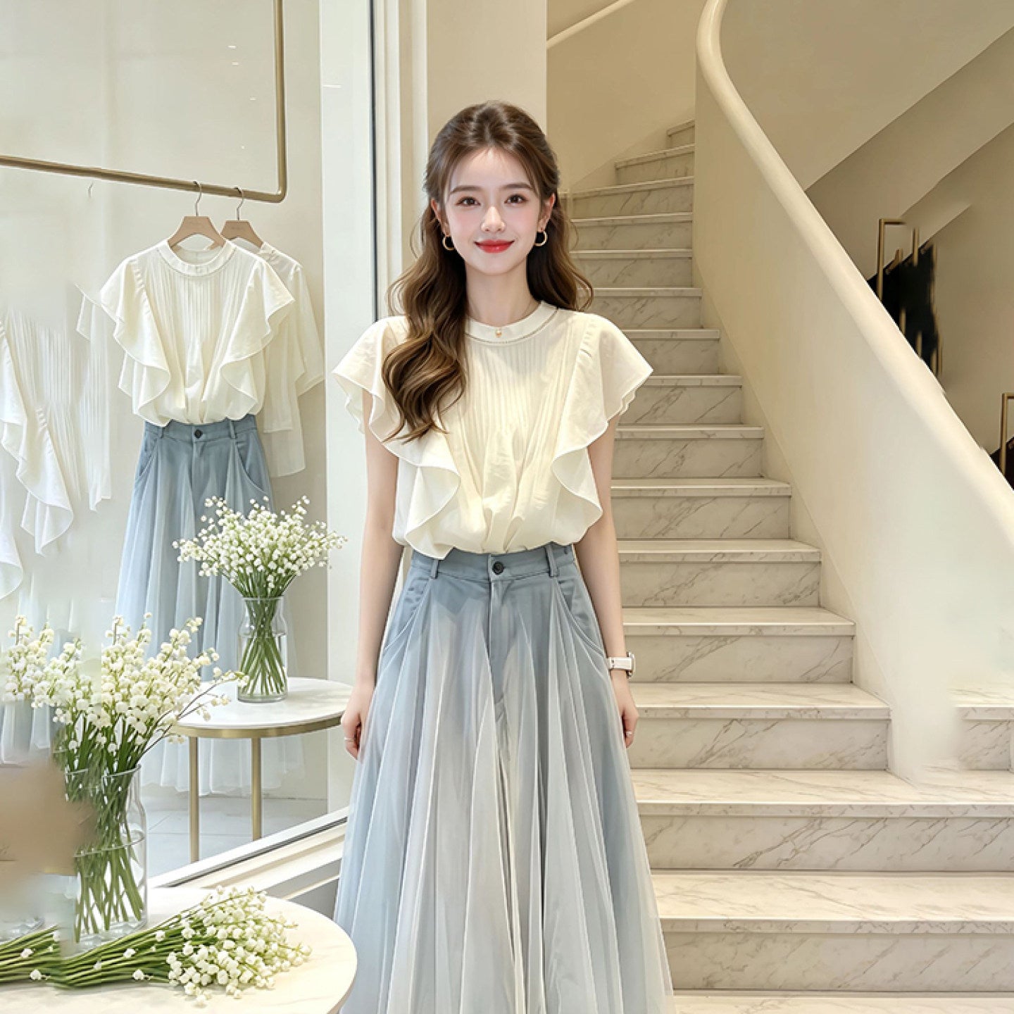 Clarissa Flutter Sleeve Top & Tulle Layered Skirt Two-Piece Set