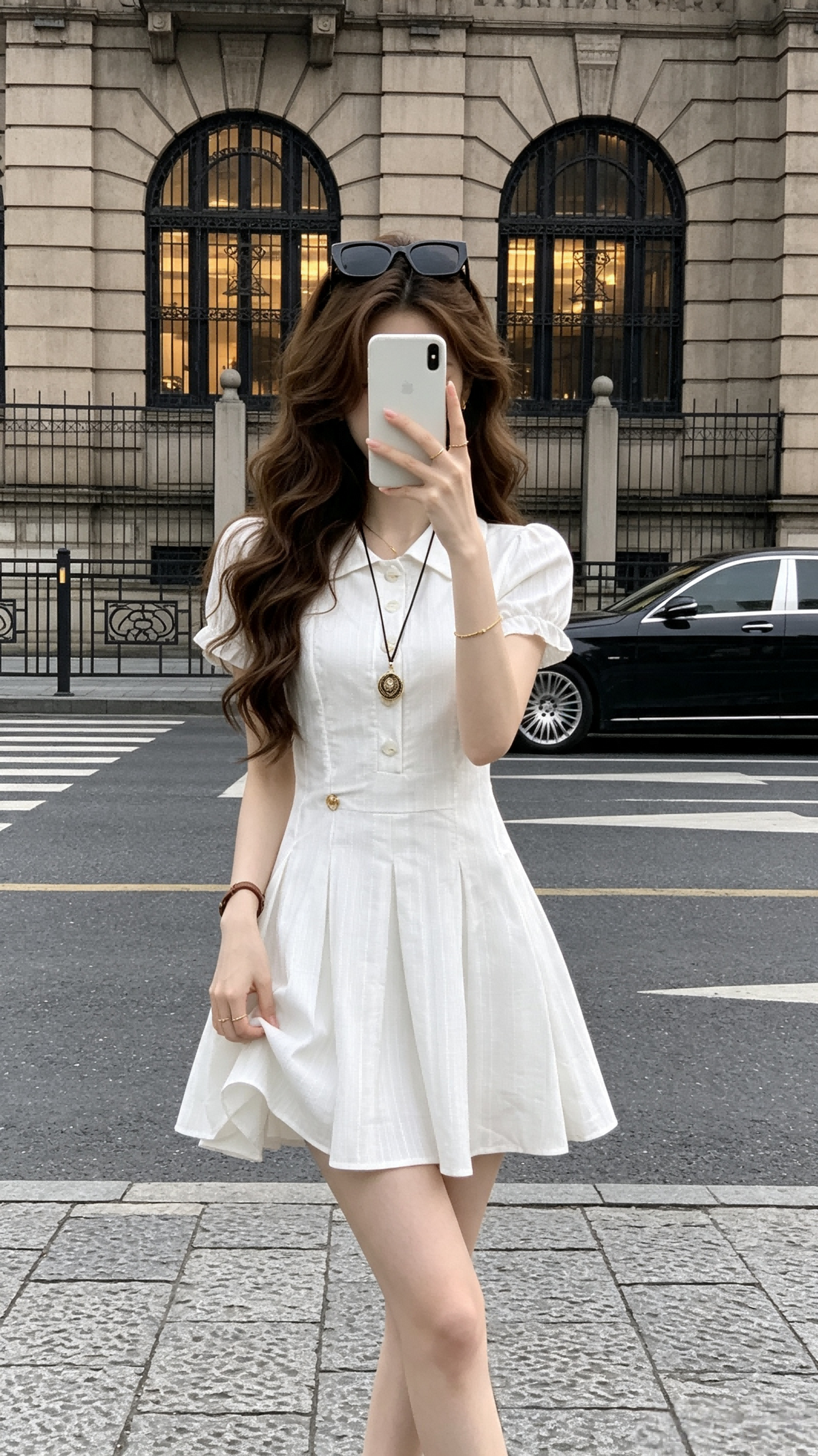 Clarisse Collared Puff Sleeve Pleated A-Line Mini Dress