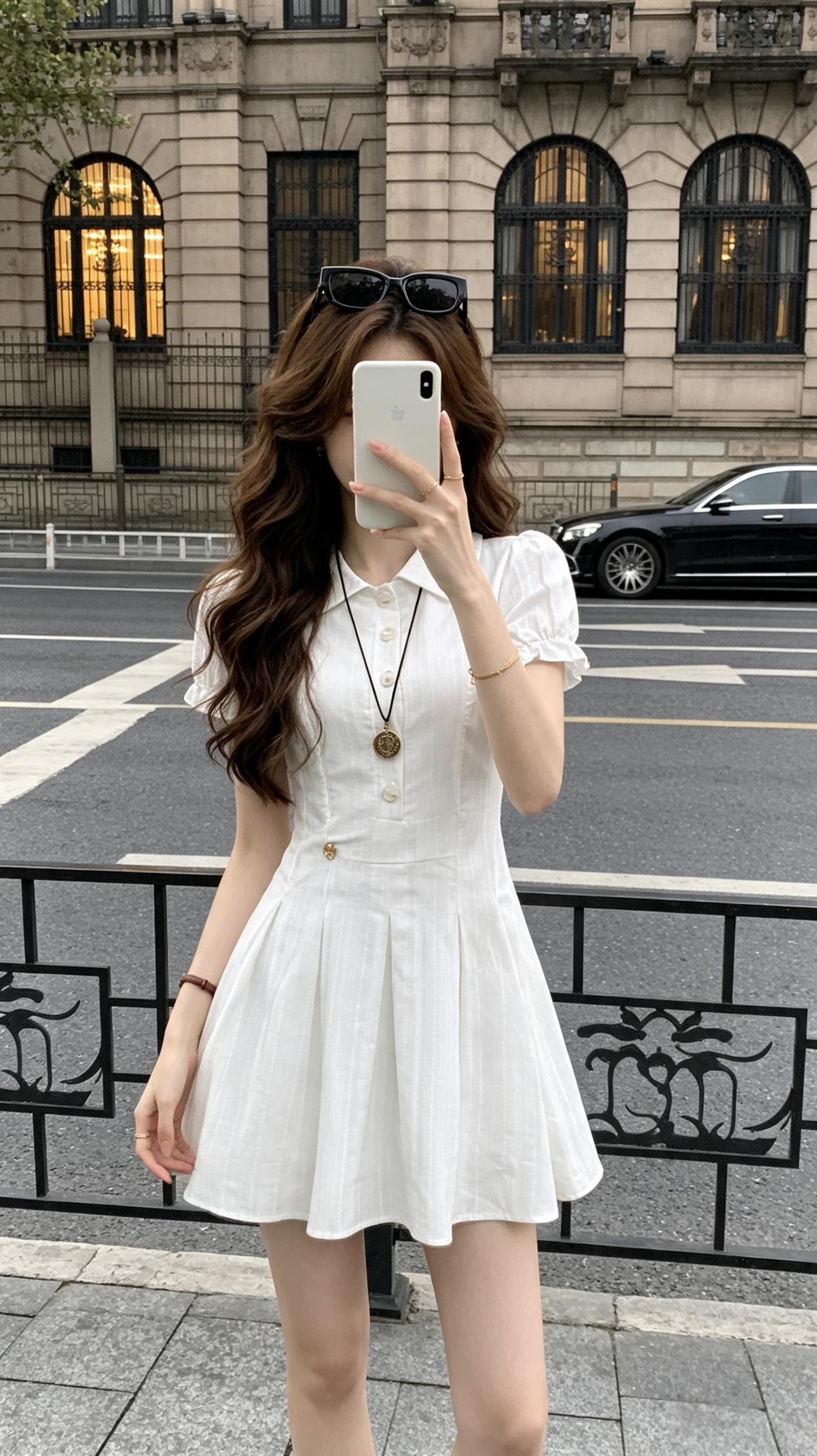 Clarisse Collared Puff Sleeve Pleated A-Line Mini Dress