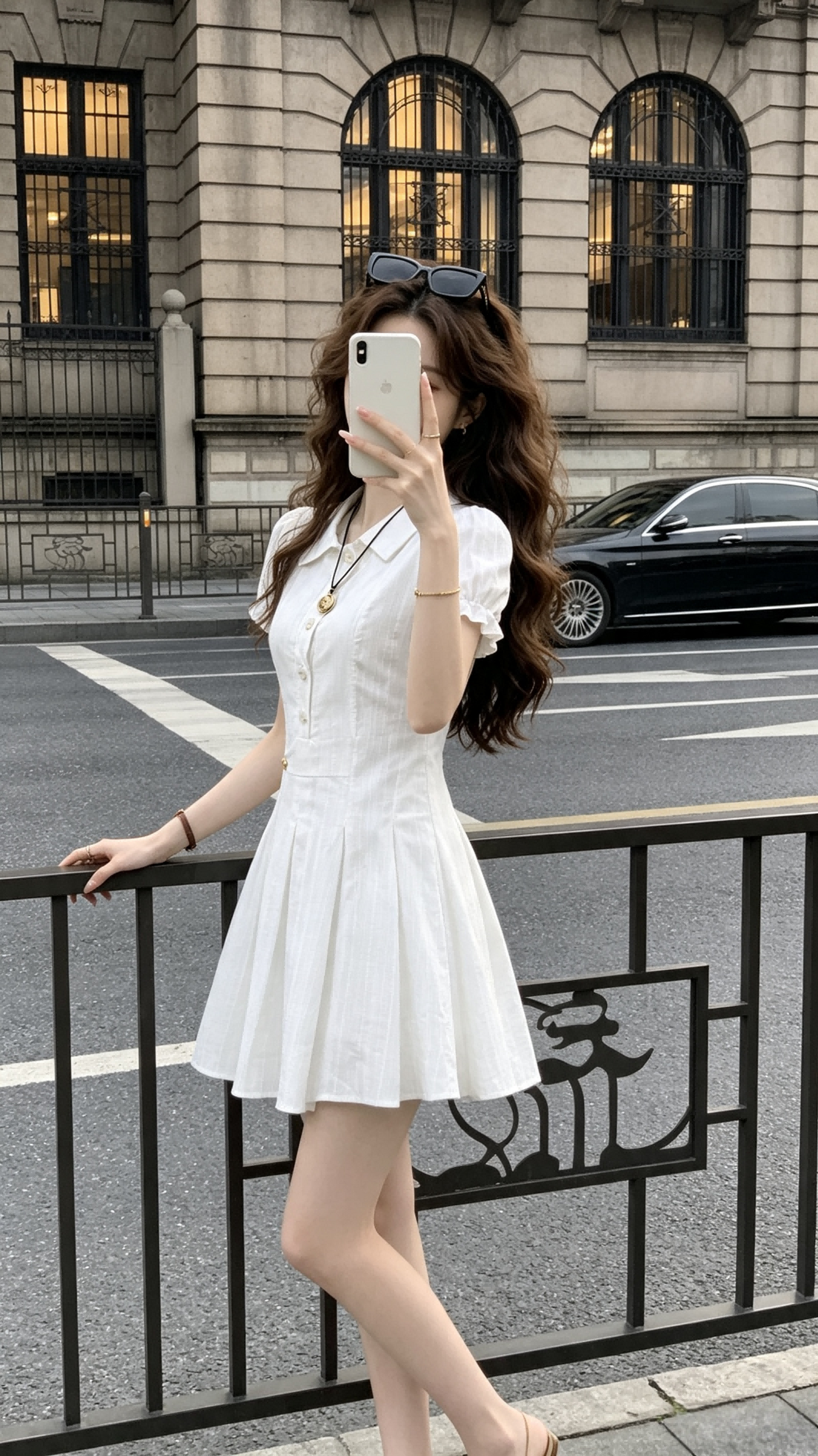 Clarisse Collared Puff Sleeve Pleated A-Line Mini Dress