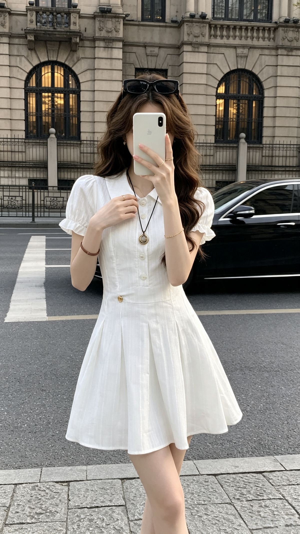 Clarisse Collared Puff Sleeve Pleated A-Line Mini Dress