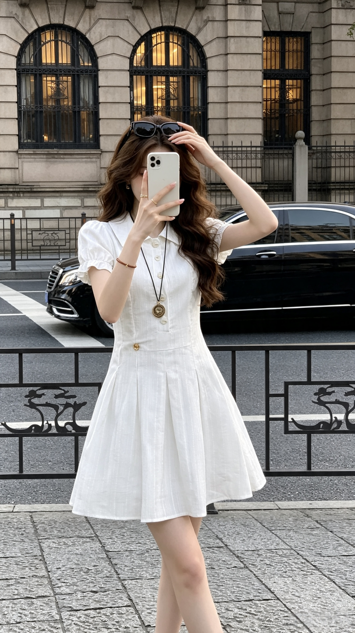Clarisse Collared Puff Sleeve Pleated A-Line Mini Dress