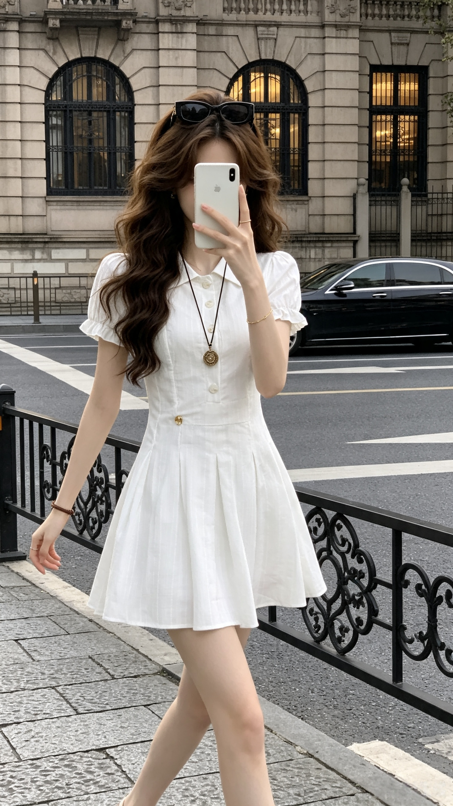 Clarisse Collared Puff Sleeve Pleated A-Line Mini Dress