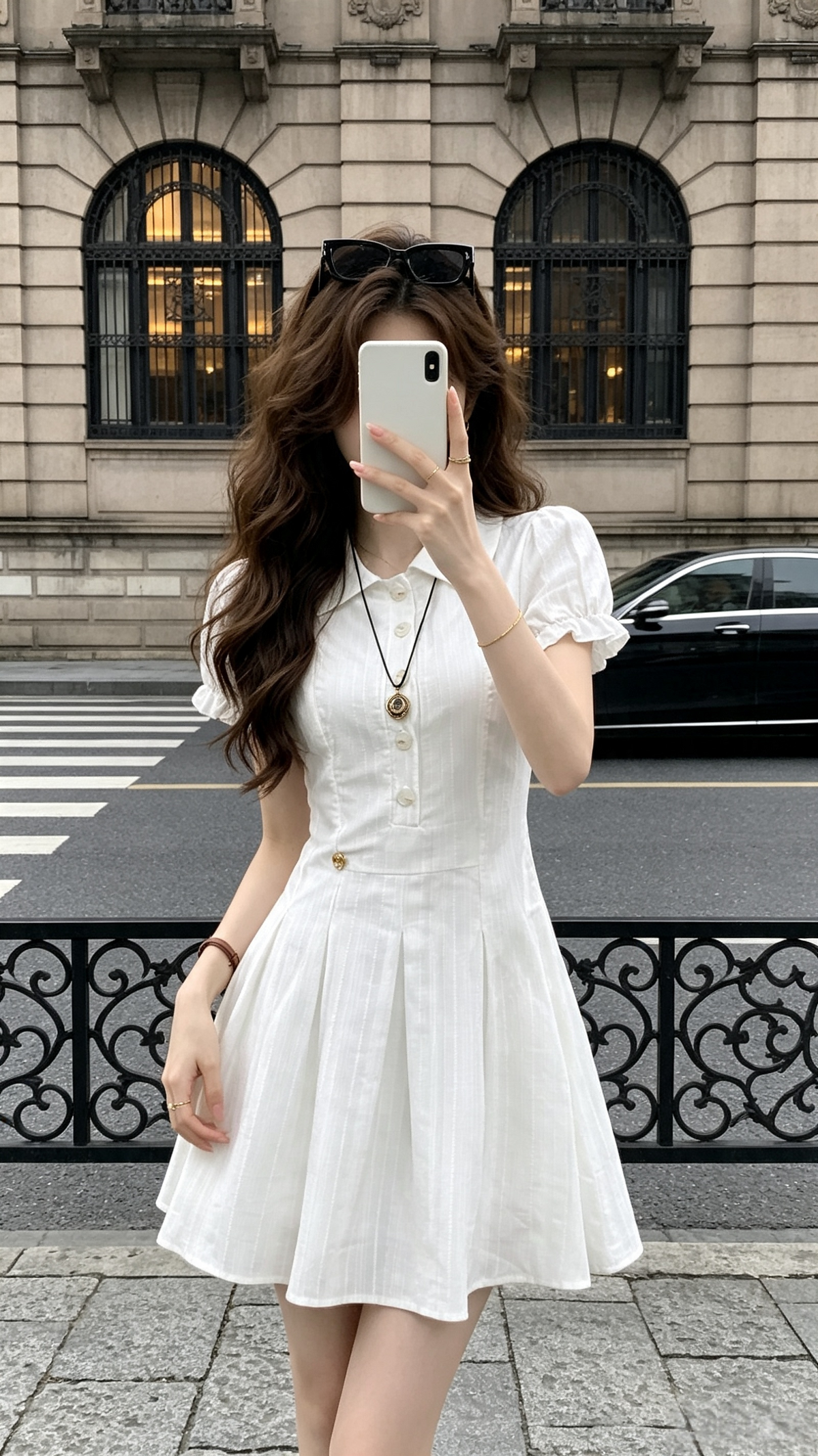 Clarisse Collared Puff Sleeve Pleated A-Line Mini Dress