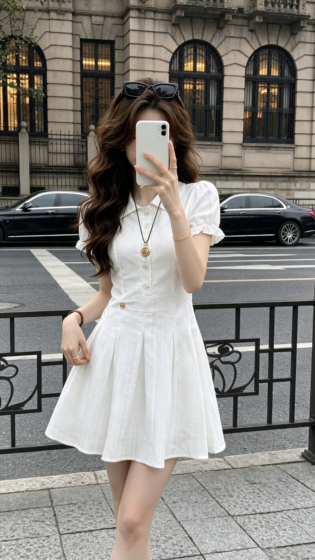 Clarisse Collared Puff Sleeve Pleated A-Line Mini Dress