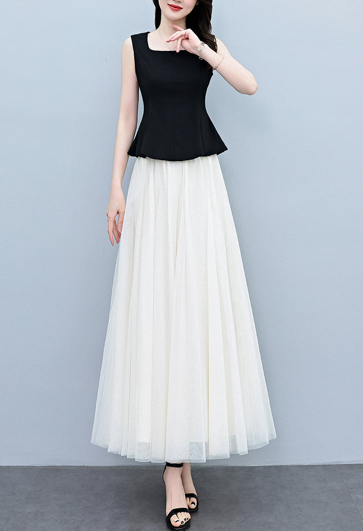Plus Size Square Neck Peplum Top With Tulle Skirt