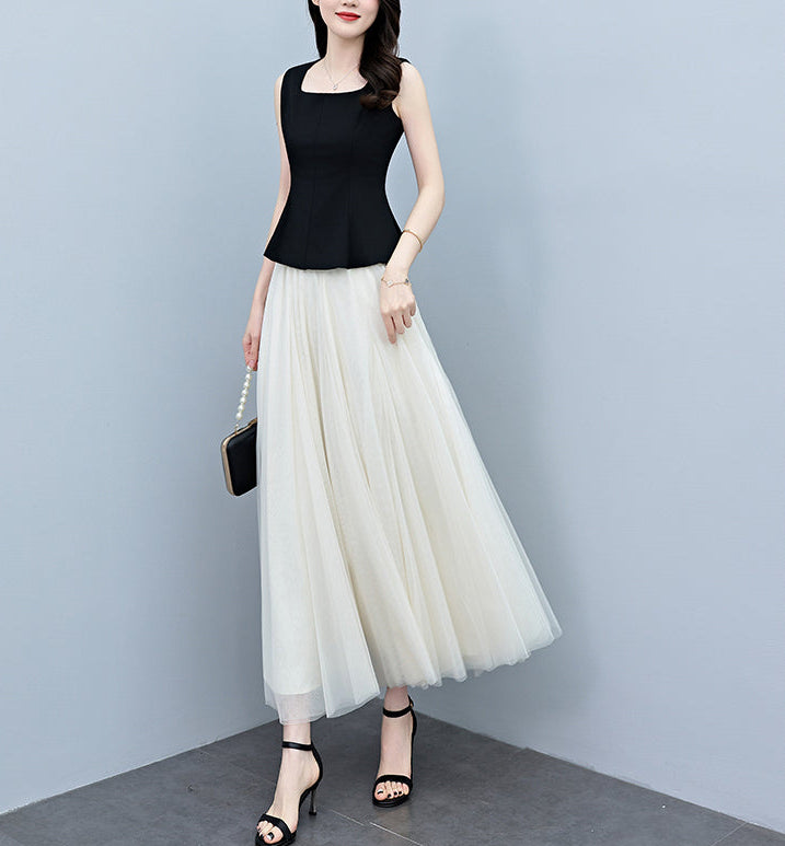 Plus Size Square Neck Peplum Top With Tulle Skirt