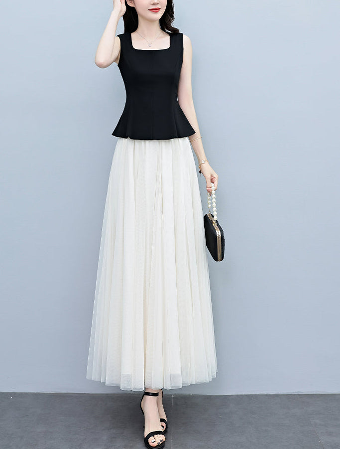 Plus Size Square Neck Peplum Top With Tulle Skirt