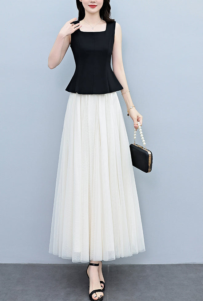 Plus Size Square Neck Peplum Top With Tulle Skirt