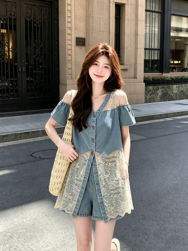 Cold Shoulder Denim and Lace Button-Down Two-Piece Shorts Set