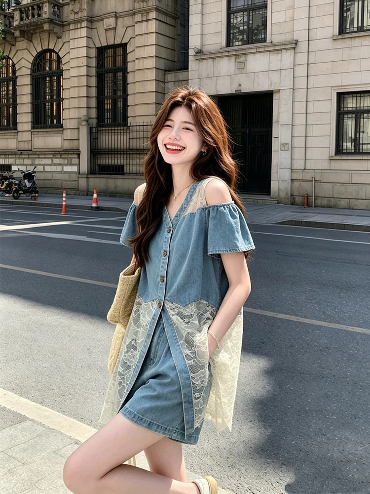 Cold Shoulder Denim and Lace Button-Down Two-Piece Shorts Set