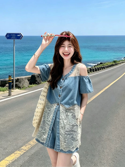 Cold Shoulder Denim and Lace Button-Down Two-Piece Shorts Set