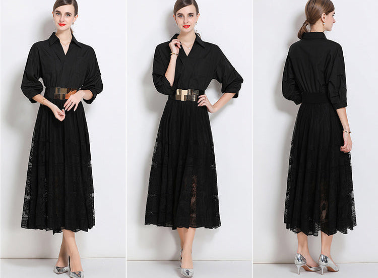Elegant Collared Lace Midi Dress