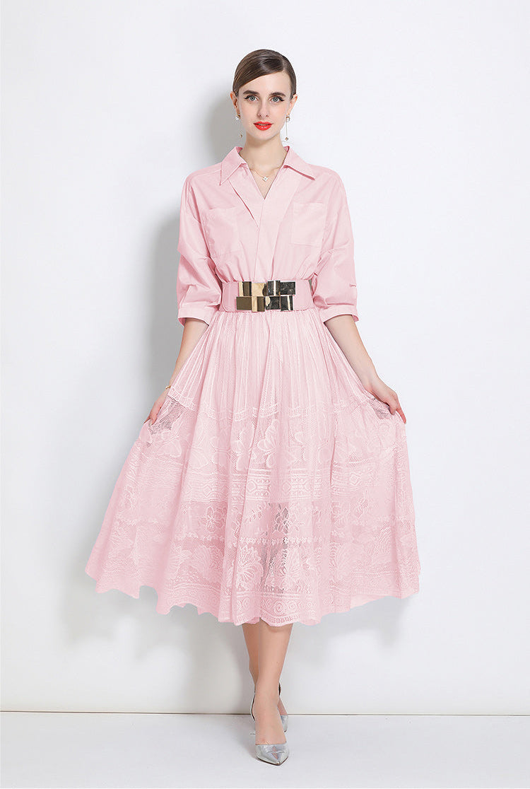 Elegant Collared Lace Midi Dress