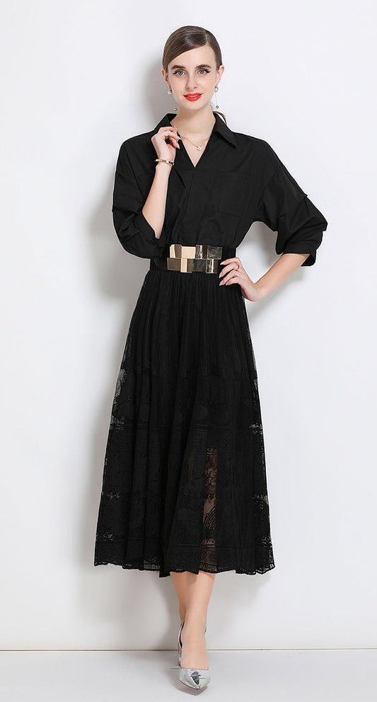Elegant Collared Lace Midi Dress