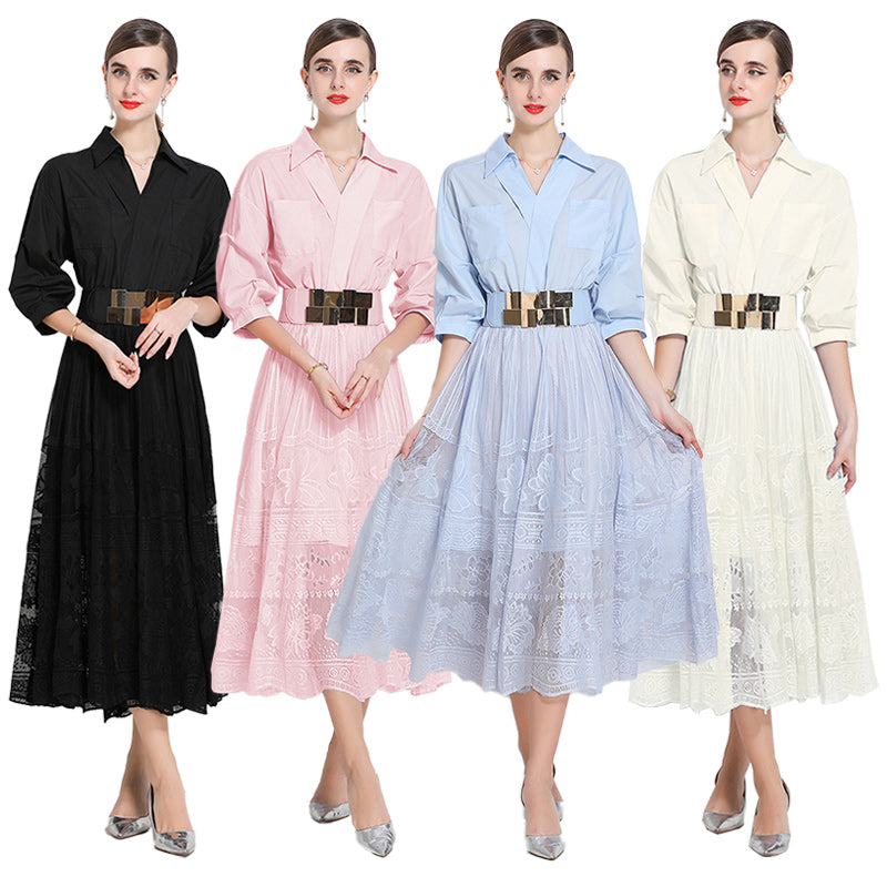 Elegant Collared Lace Midi Dress