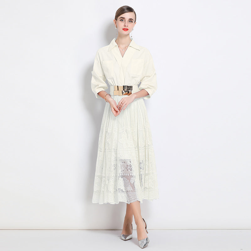Elegant Collared Lace Midi Dress