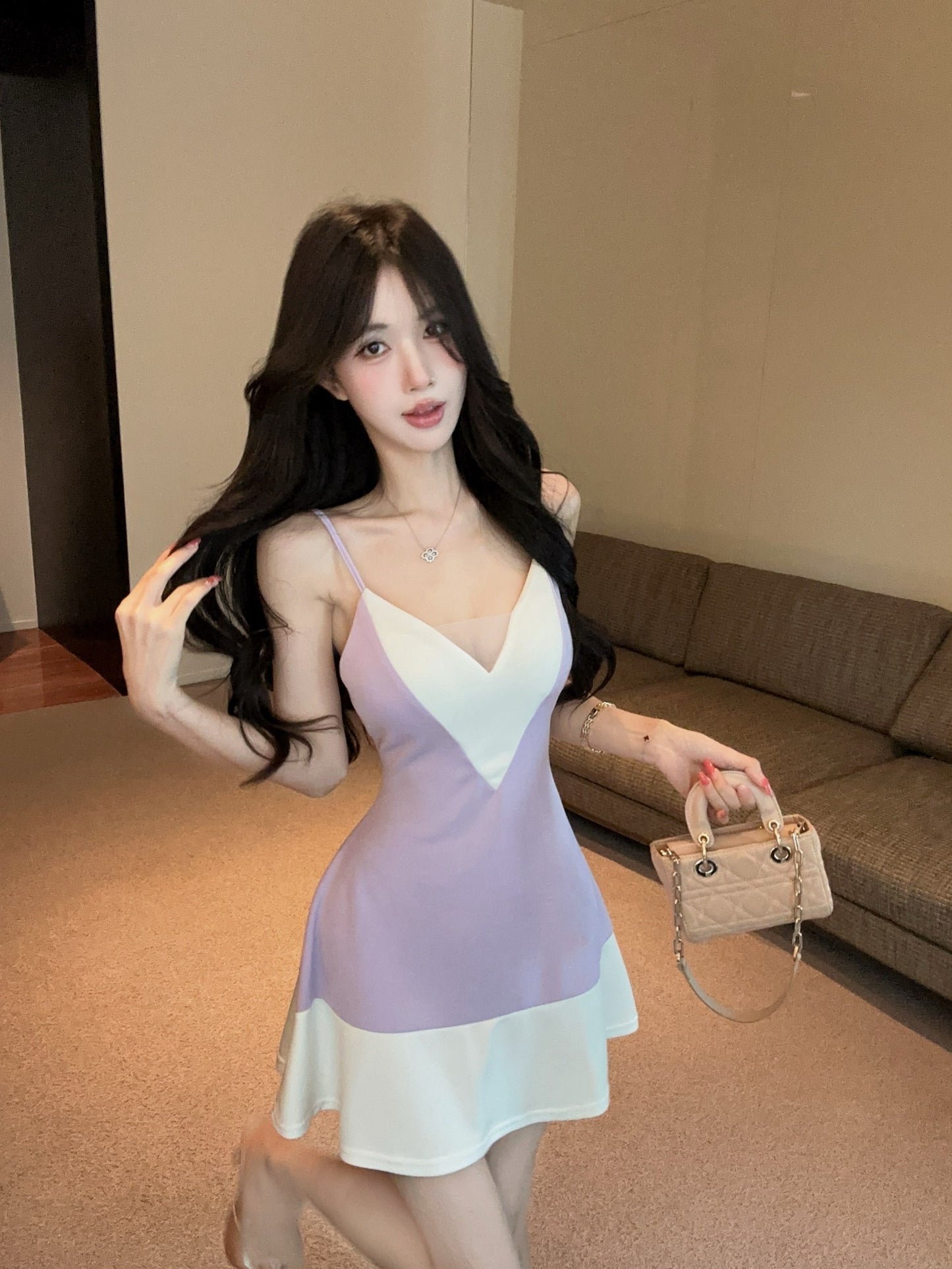 Colorblock V-Neck Camisole Mini Dress