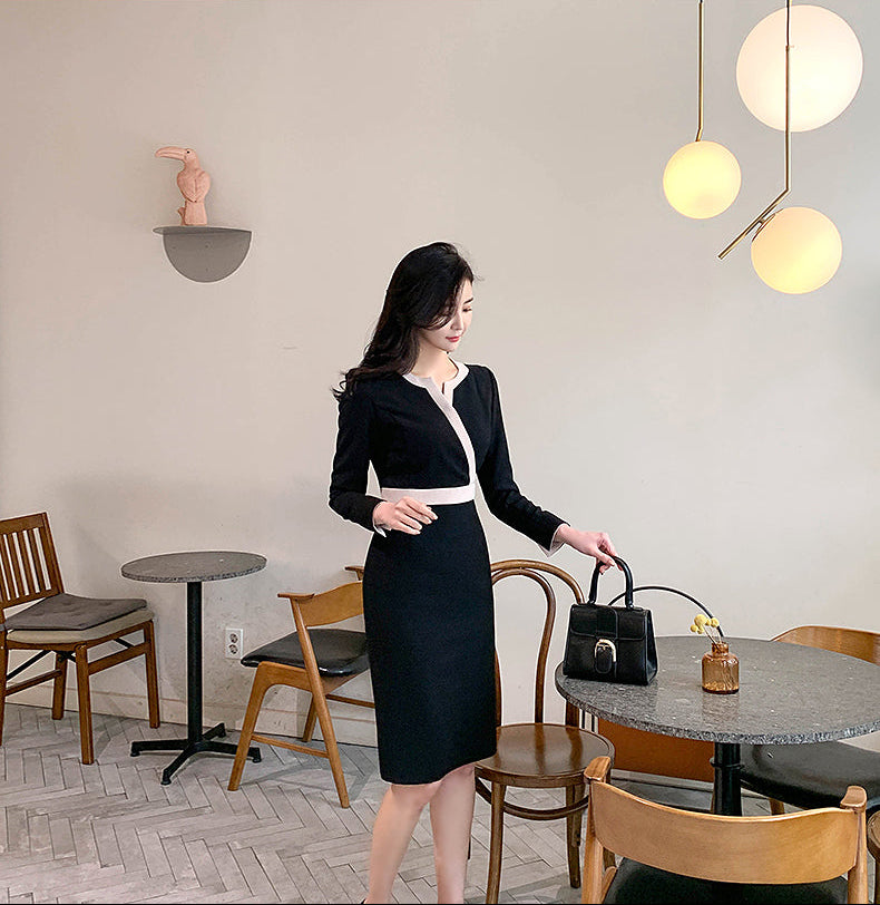 Elegant Long Sleeve V-Neck Contrast Trim Sheath Dress