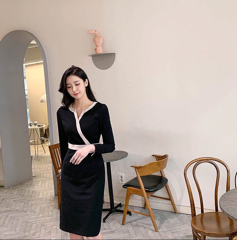 Elegant Long Sleeve V-Neck Contrast Trim Sheath Dress